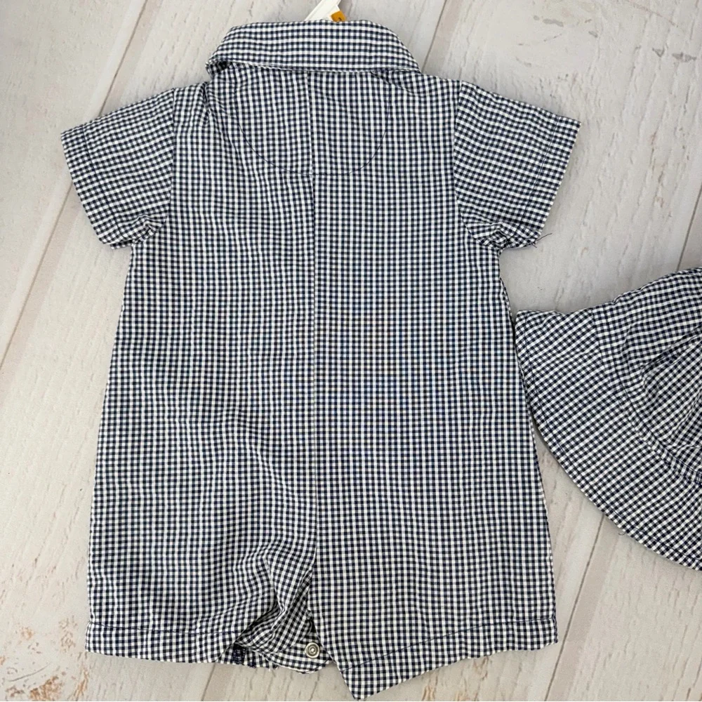 Carter’s 3M Gingham Romper +‎ Hat Baby Outfit Blue White Pre-Owned